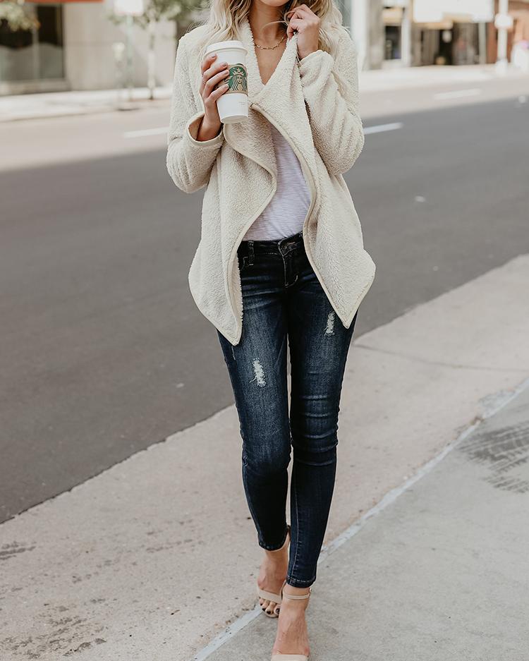

Stylish Warm Zipper Closure Fluffy Coat, White