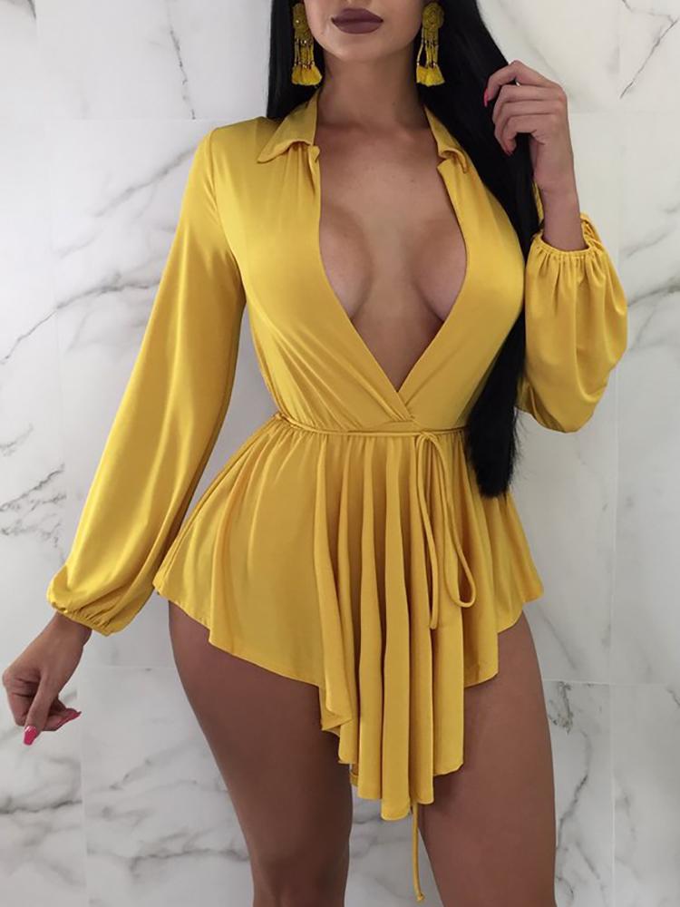 

Solid Plunge Irregular Long Sleeve Mini Dress, Yellow