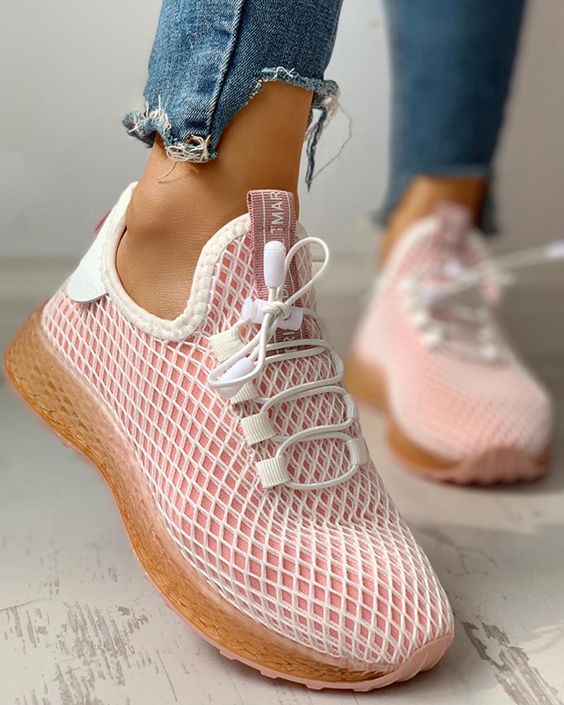 

Hollow Out Colorblock Breathable Lace-Up Sneakers, Orange