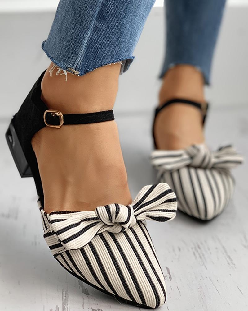 

Colorblock Striped Bowknot Ankel Strap Chunky Heel, Black