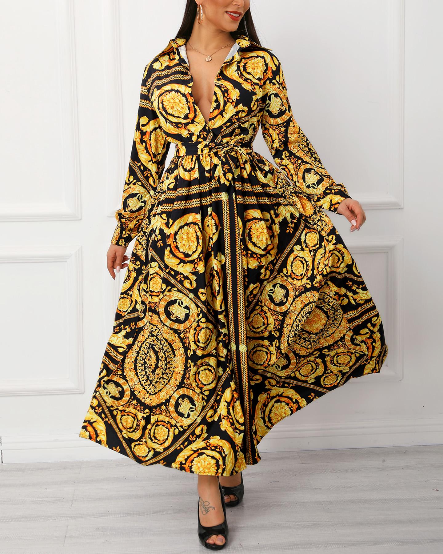 

Print Long Sleeve Shirt Maxi Dress, Gold