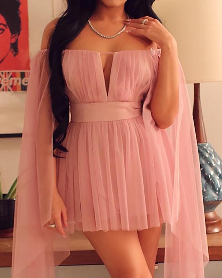 

Mesh Off Shoulder Cape Sleeve Ruched Mini Dress, Pink