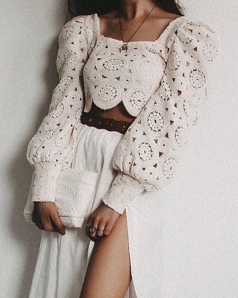 

Square Neck Lantern Sleeve Hollow Out Crop Blouse