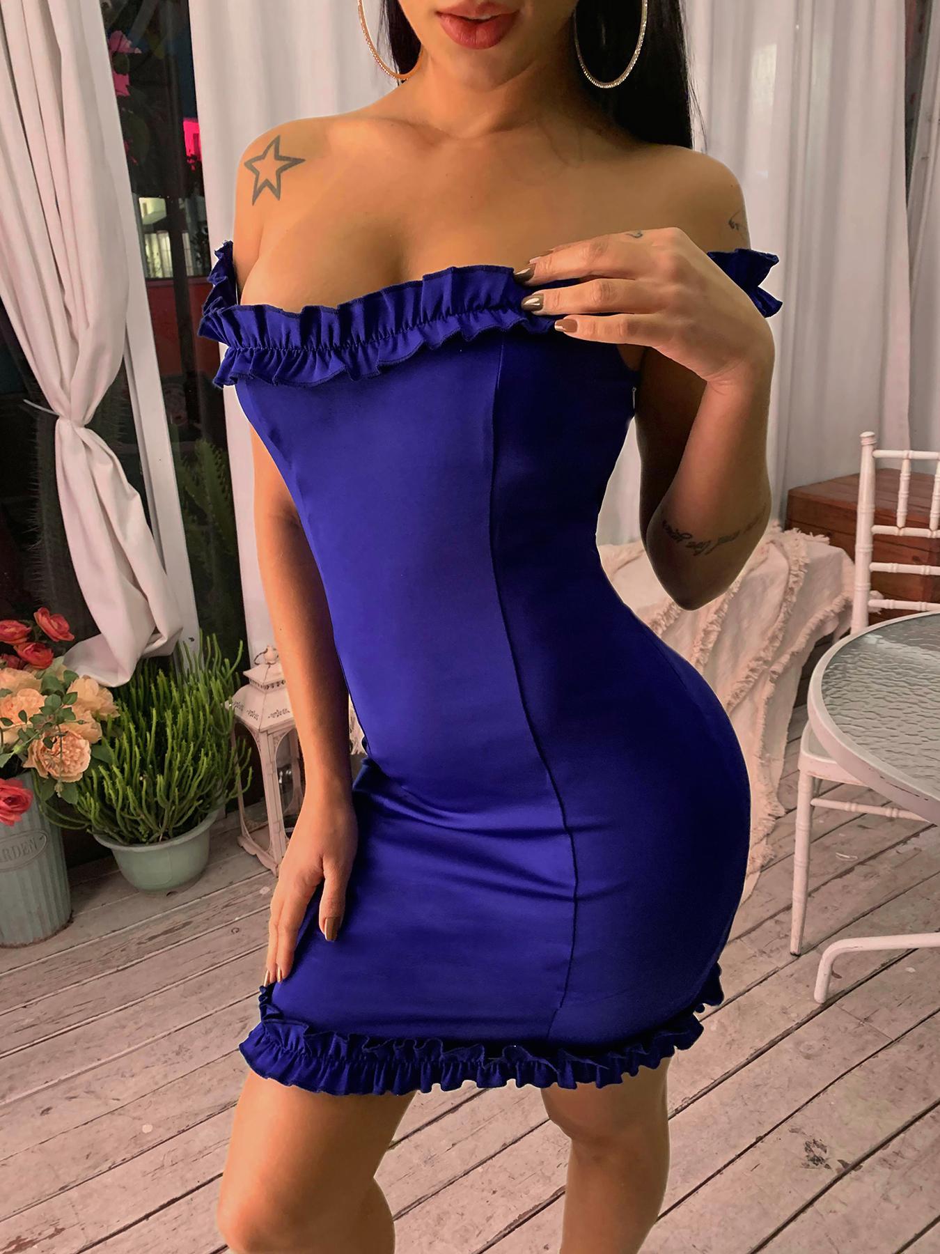 

Off Shoulder Frills Hem Bodycon Dress, Blue