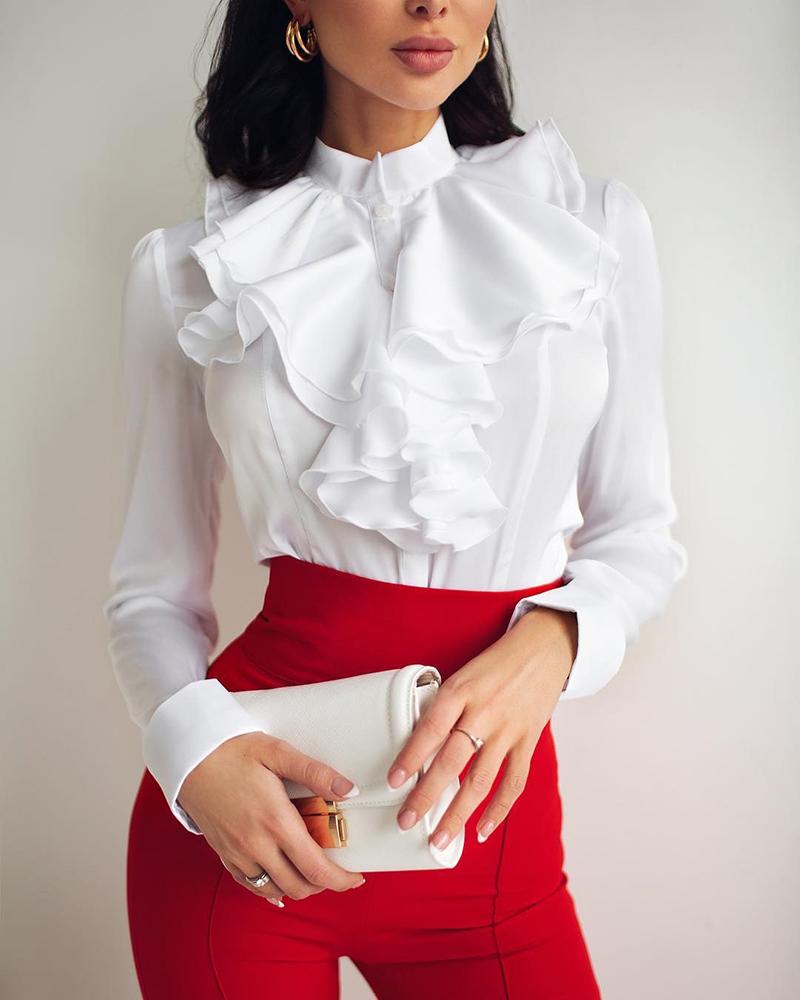 

Long Sleeve Ruched Ruffles Casual Blouse, White