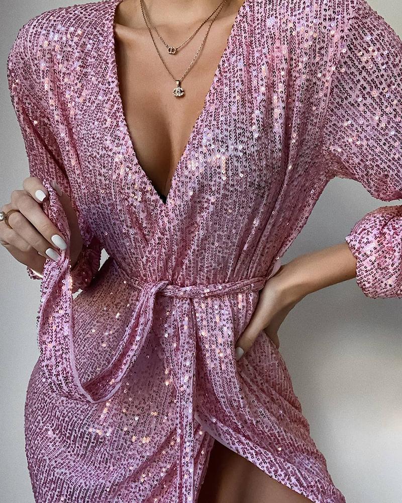

Sequin Tie Waist Robe Dress, Pink
