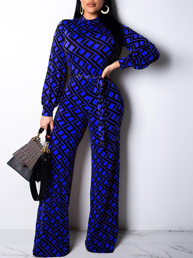 

Geo Print Long Sleeve Belted Jumpsuits, Blue