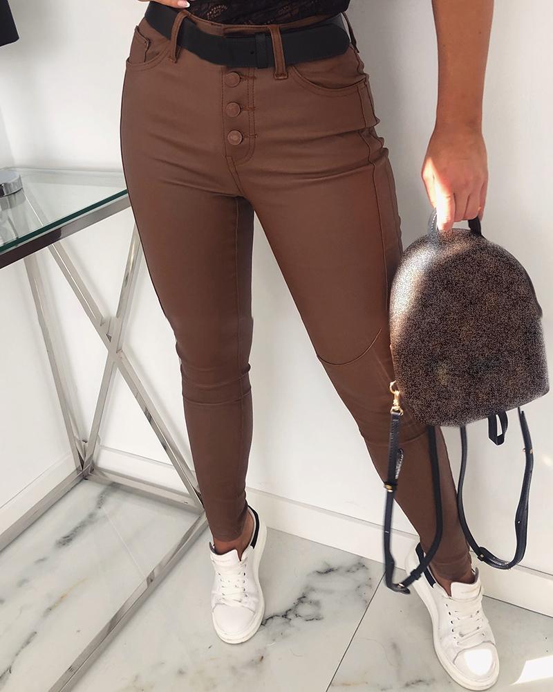 

Buttoned Faux Leather Pocket Design Pants, Brown