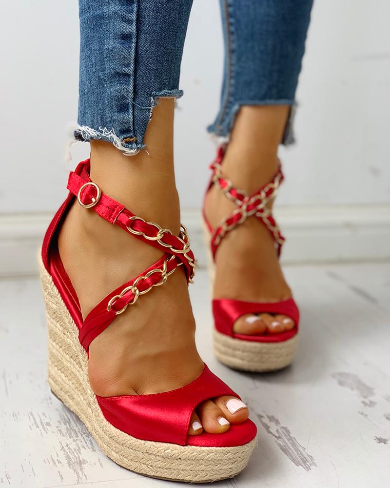 

Chain Detail Espadrille Wedge Sandals, Red