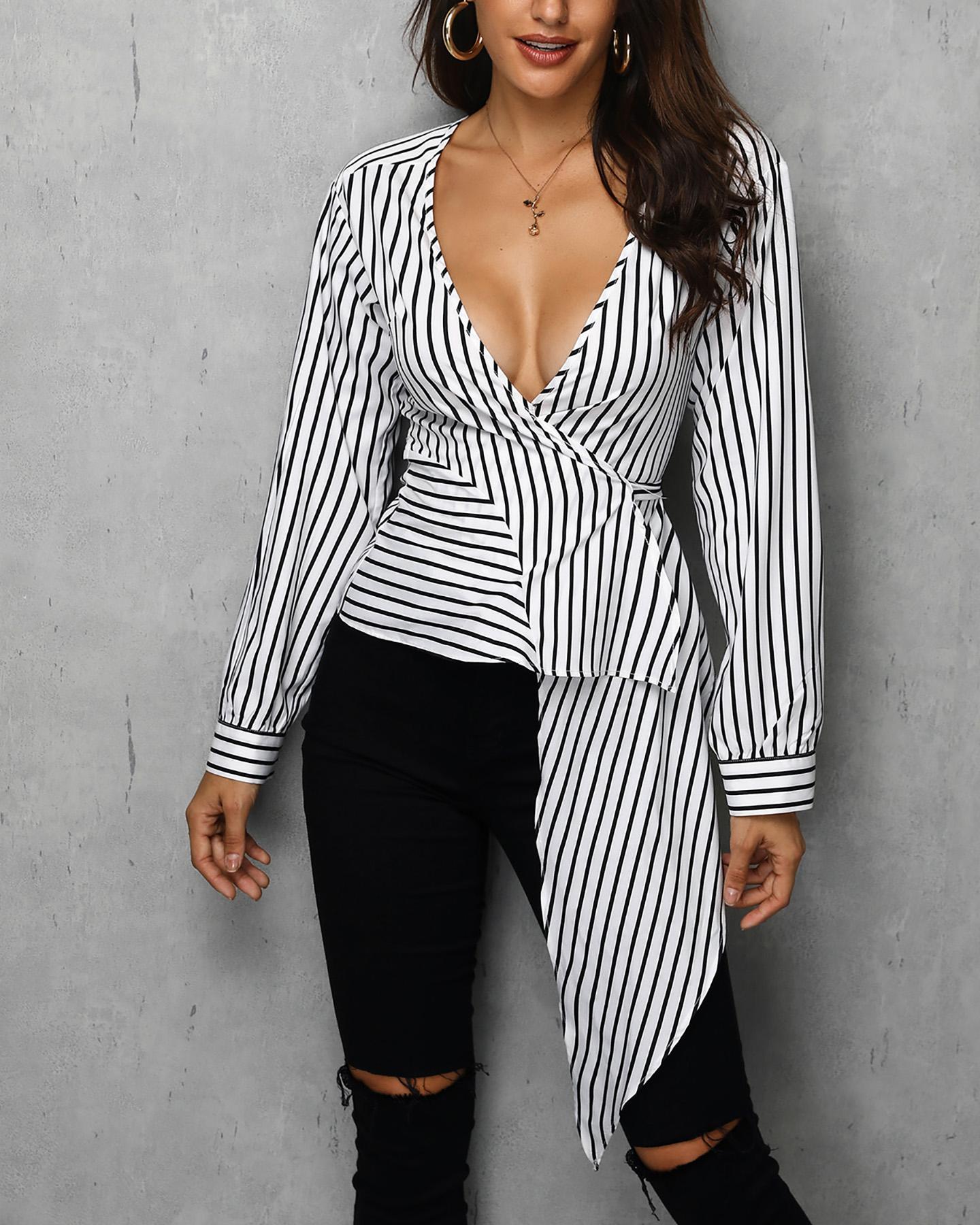 

Striped Deep V-Neck Wrap Irregular Blouse