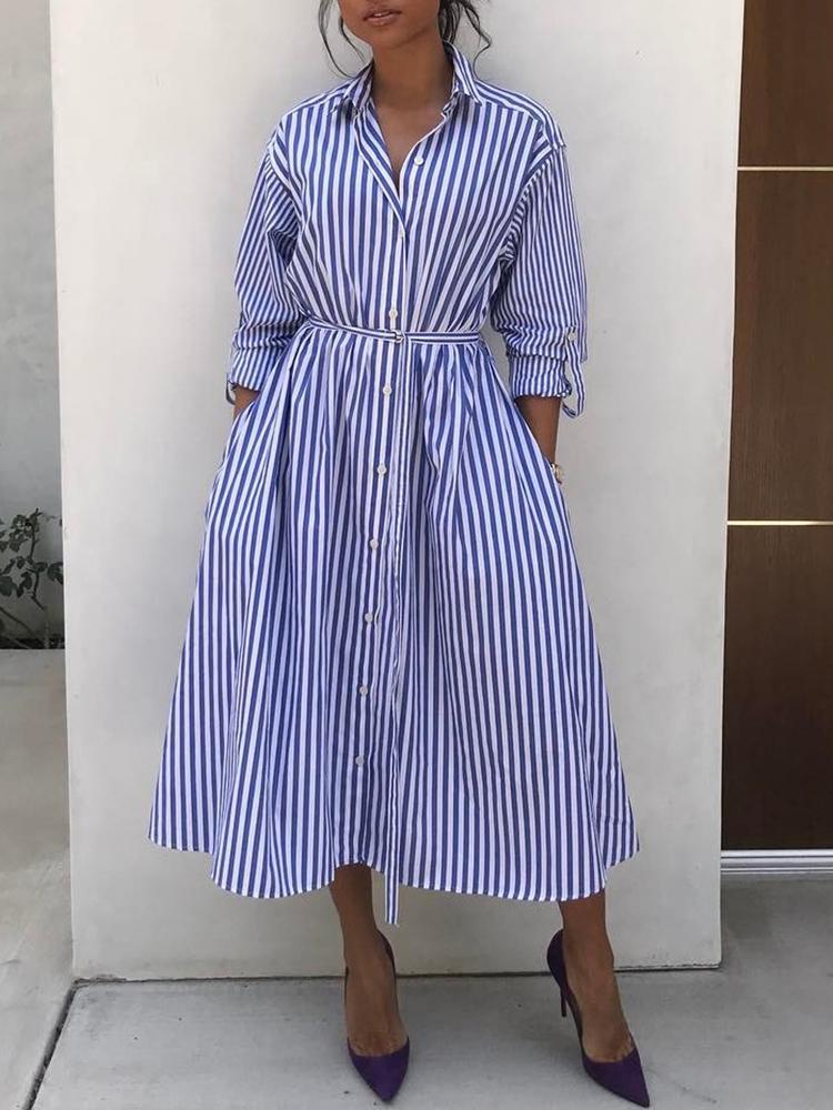 

Stripes Long Sleeve Tie Waist Shirt Dress, Blue