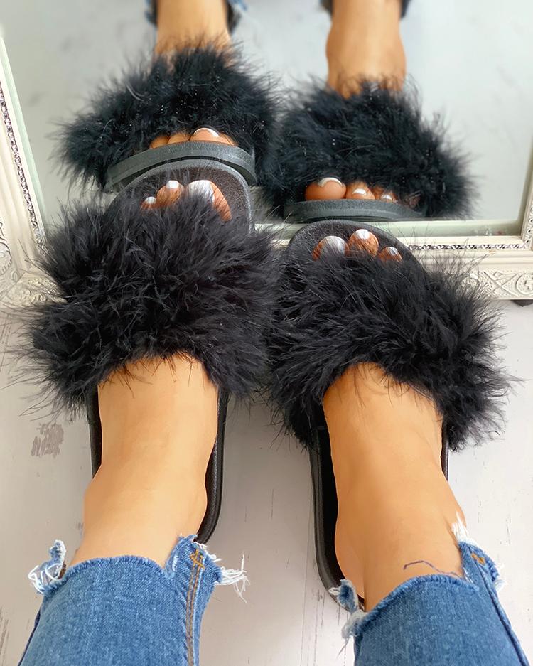 

Open Toe Fluffy Embellished Flat Sandals, Black
