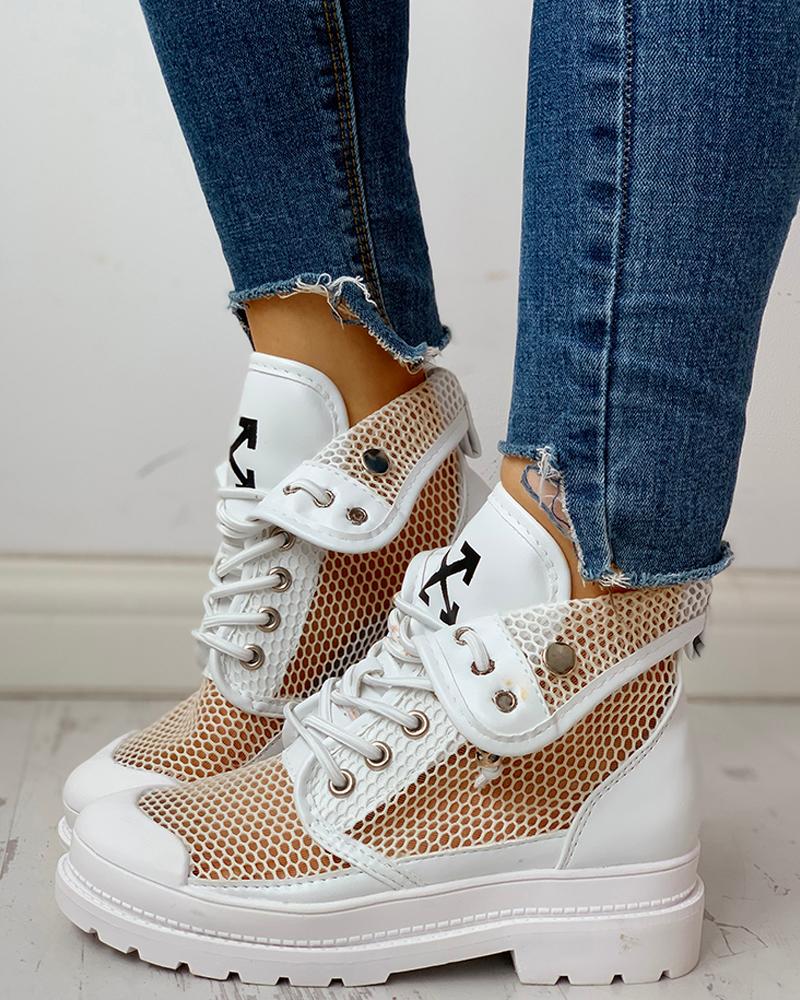 

Eyelet Lace-Up Fishnet Martin Boots, White