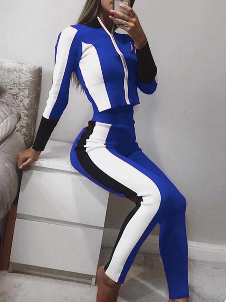 

Contrast Color Long Sleeve Zipper Tracksuit, Blue