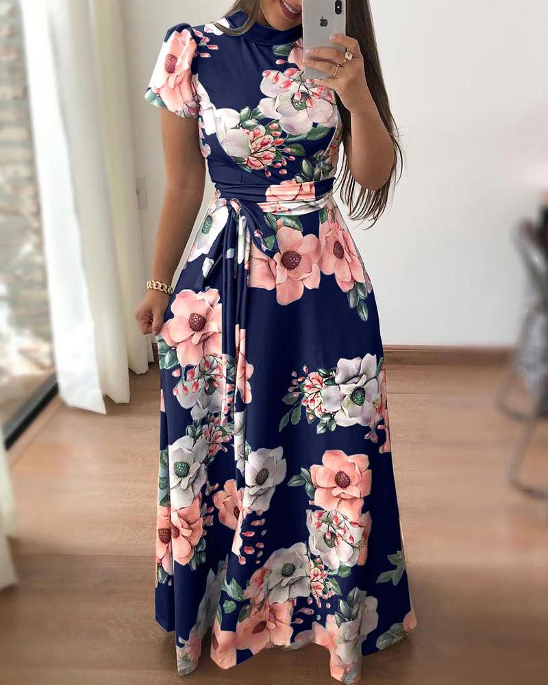 

Floral Print Short Sleeve Tie Waist Maxi Dress, Blue