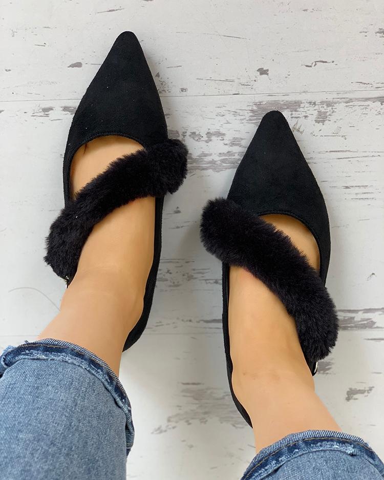 

Fluffy Embellished Pointed Toe Flat Shoes, Black