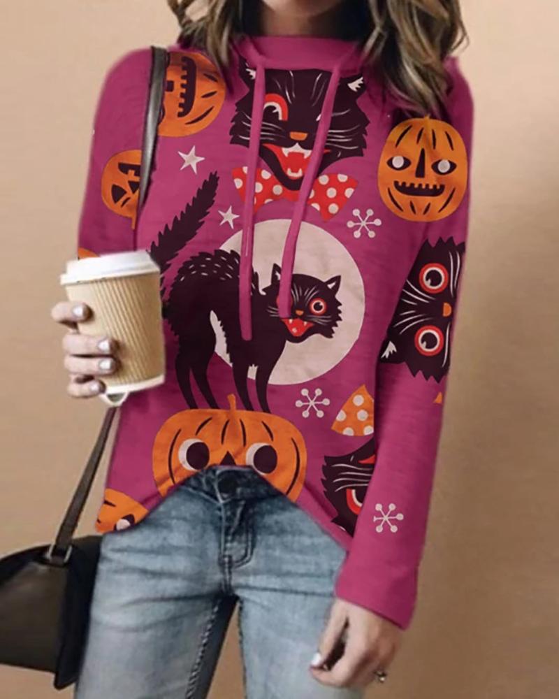 

Halloween Cat Pumpkin Print Casual Hooded Top, Hot pink