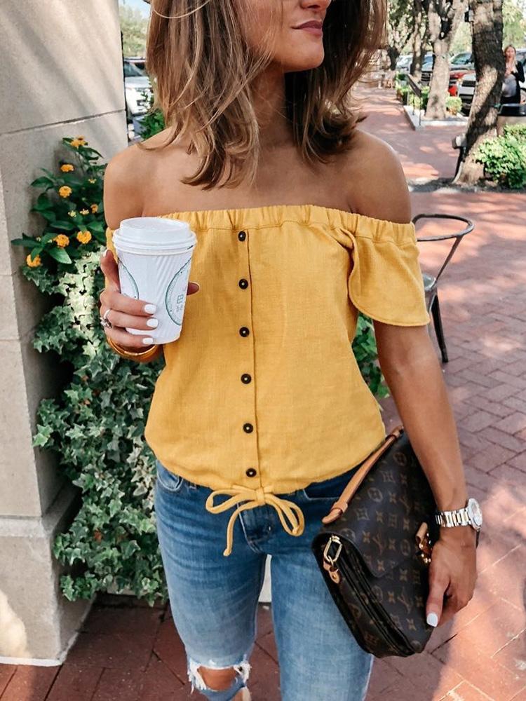 

Off Shoulder Button Design Drawstring Top
