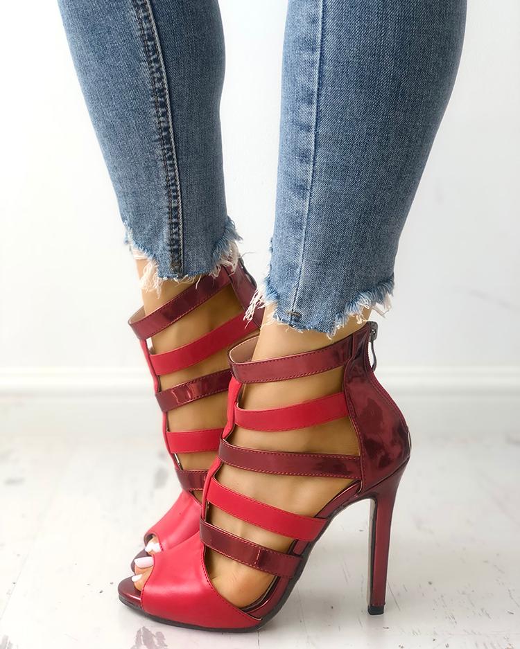 

Caged Cut Out Peep Toe Stiletto Sandals, Red