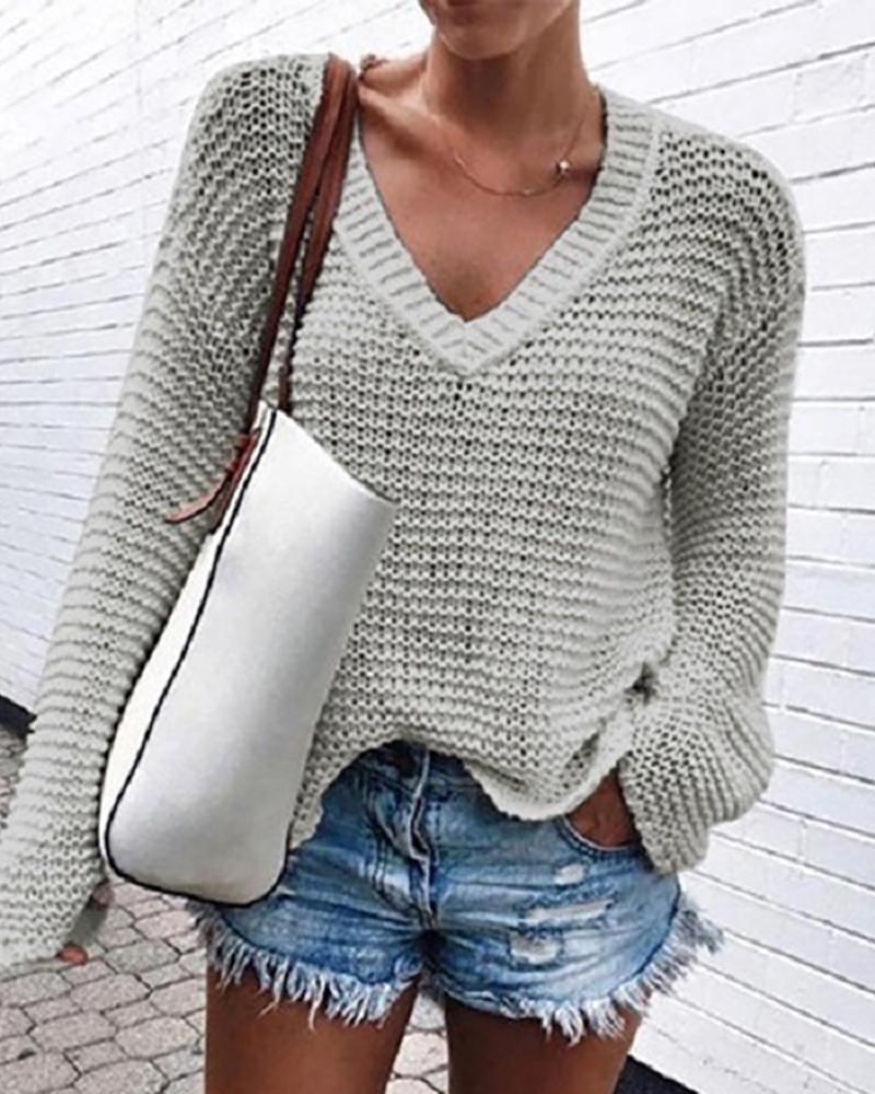 

V Neck Long Sleeve Casual Pointelle Sweater