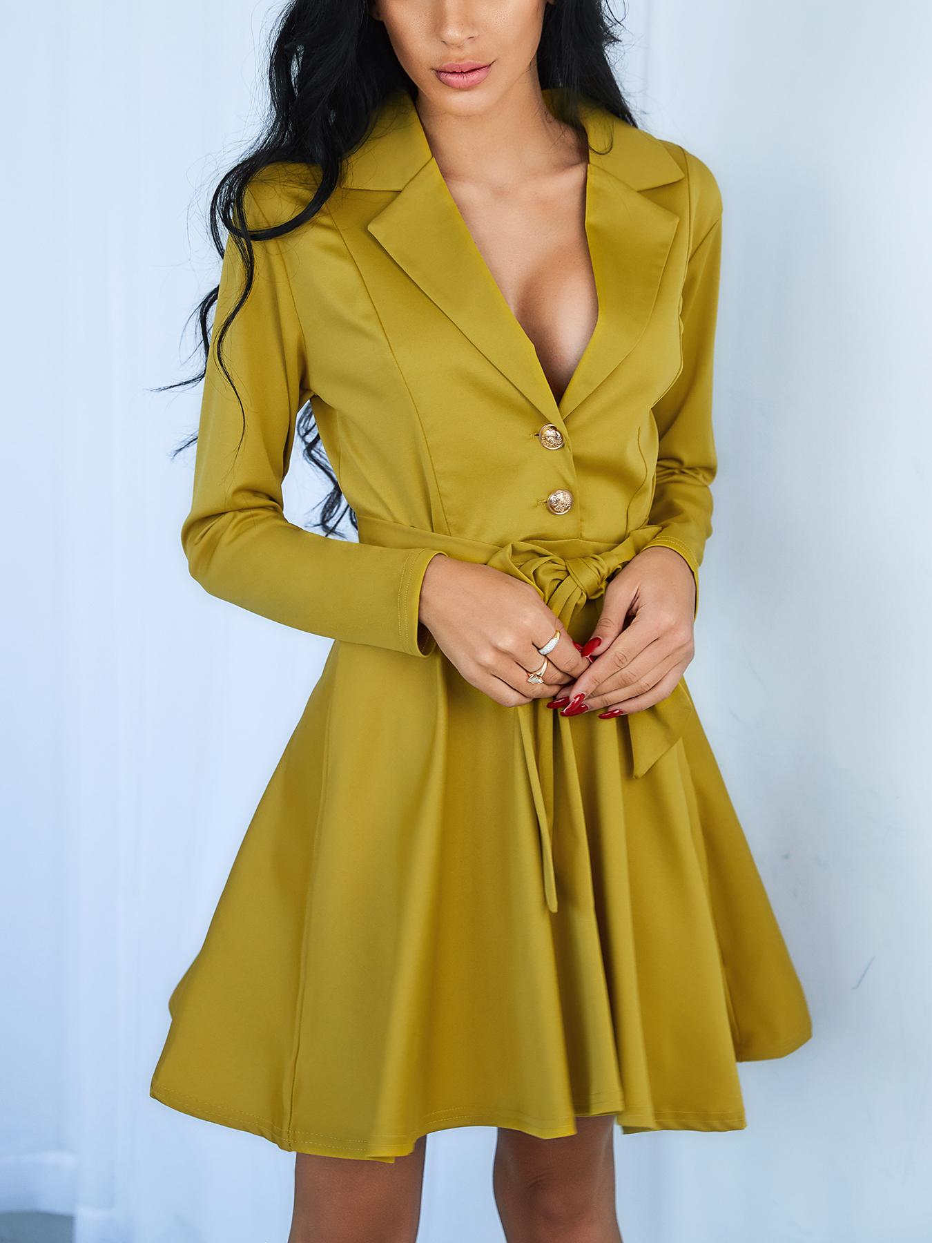 

Women Belt Pleated Casual Blazer Dress, White