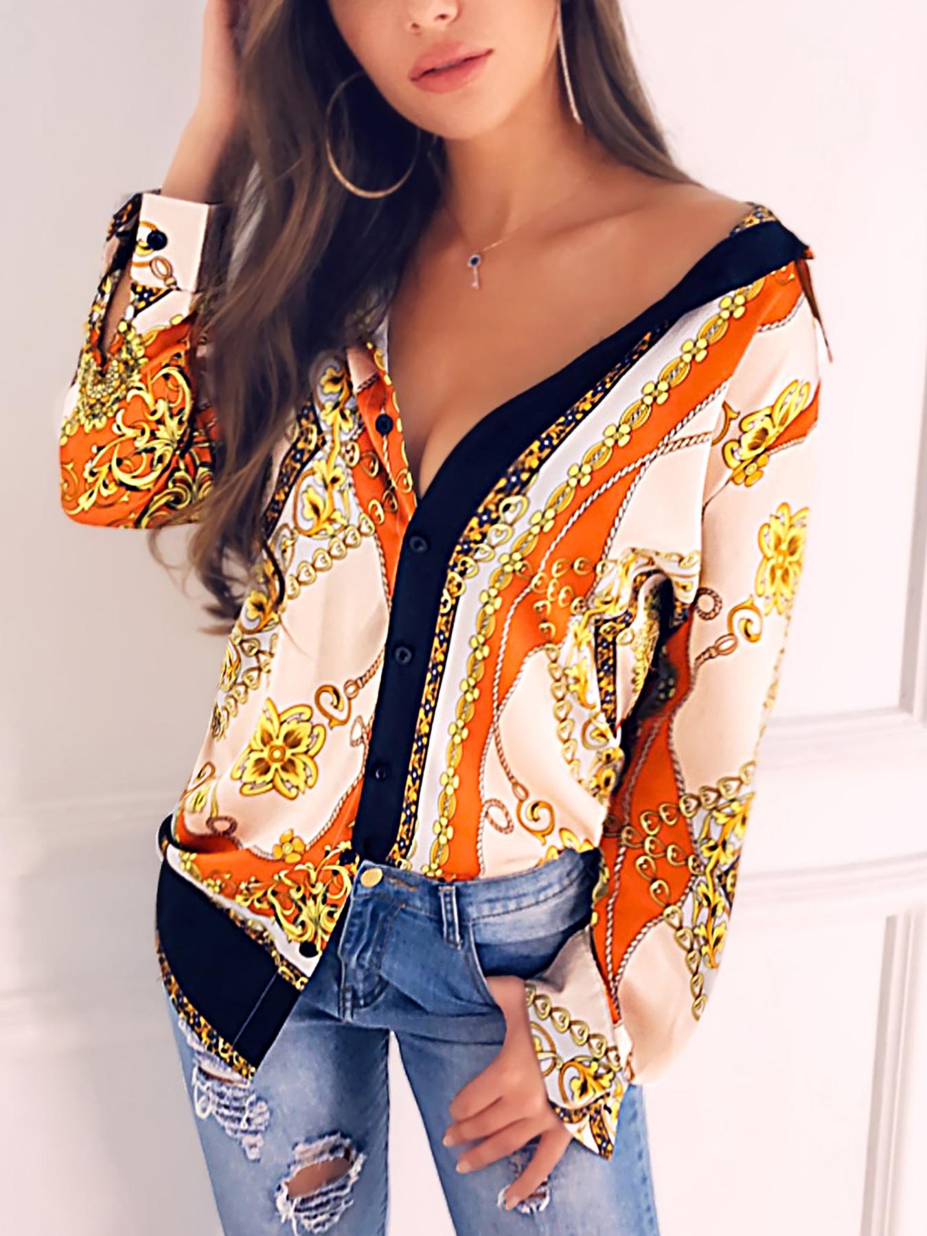 

Scarf Print Long Sleeve Casual Shirt, Multicolor