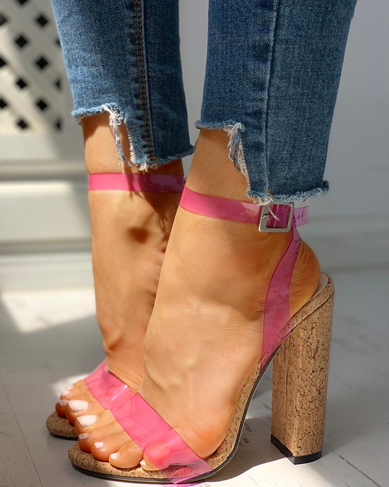 

Open Toe Transparent Strap Chunky Heeled Sandals, Pink