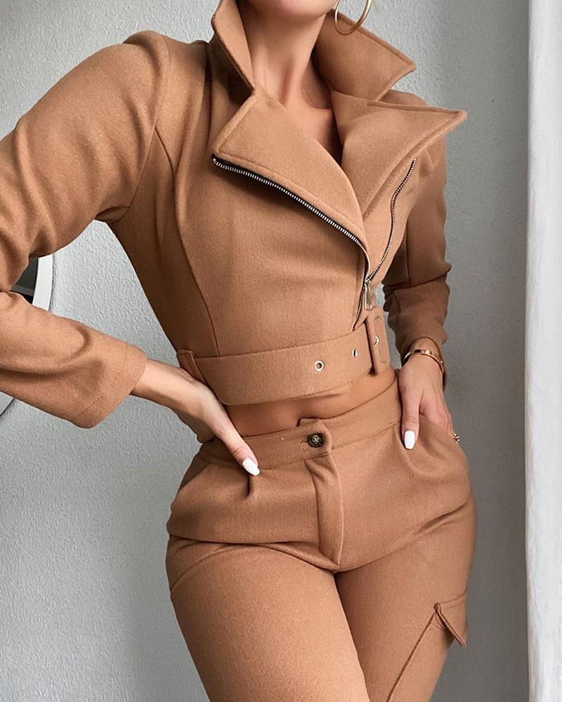 

Plain Zipper Design Top & Pants Set, Khaki
