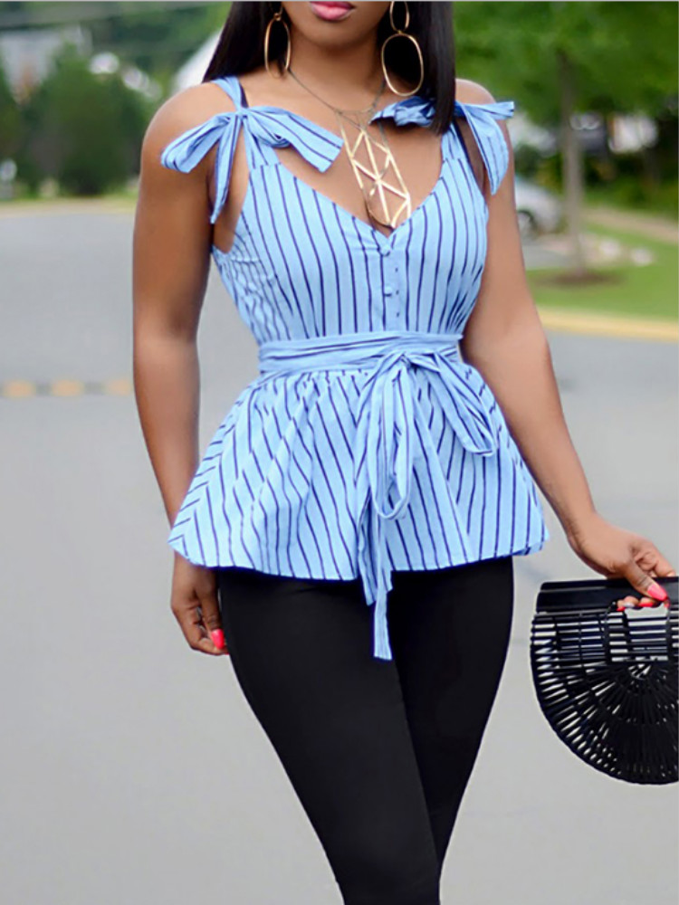 

Stripes Tied Shoulder Sleeveless Belted Blouse