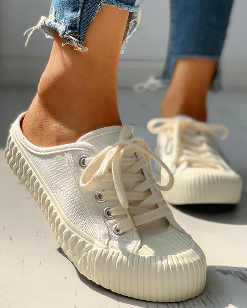

Eyelet Lace-Up Pattern Epadrille Sneakers, White