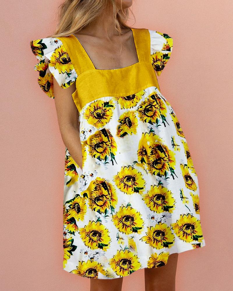 

Sunflower Print Square Neck Ruffles Dress, Yellow