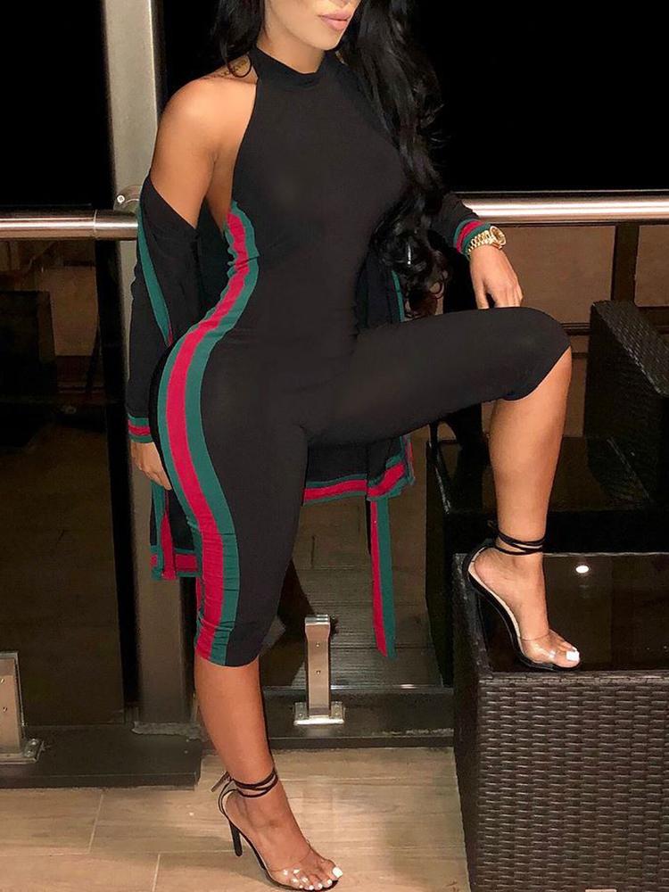 

Striped Side Backless Skinny Jumpsuit&Coat Sets