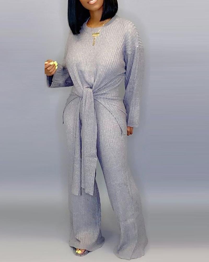 

Round Neck Ribbed Knotted Casual Top & Pants Sets, Gray