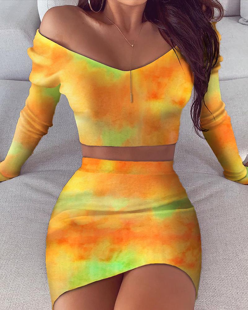 

Off Shoulder Tie Dye Print Top & Skirt Sets, Multicolor