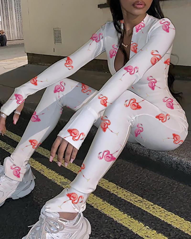 

Flamingo Print Long Sleeve Jumpsuit, White