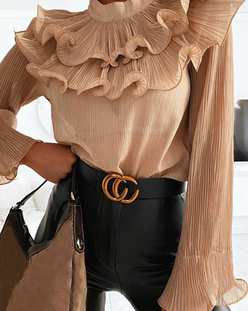 

Ruffle Long Sleeve Solid Blouse, Pink