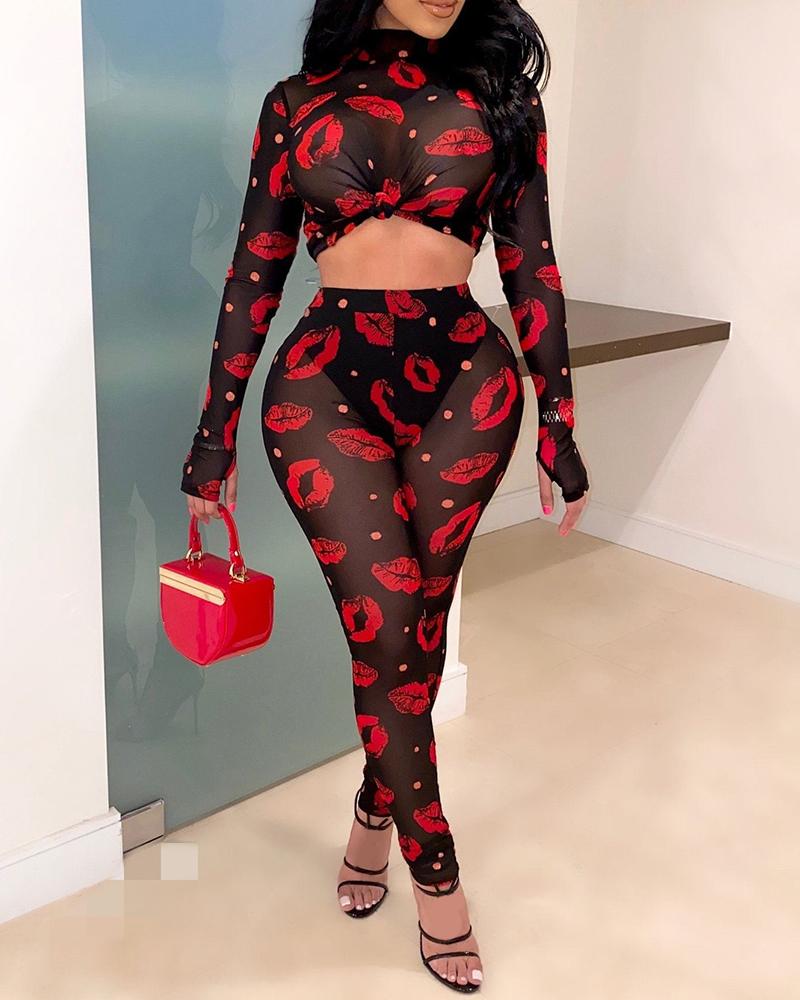 

Lip Print Mesh Long Sleeve Top & Pant Set, Black