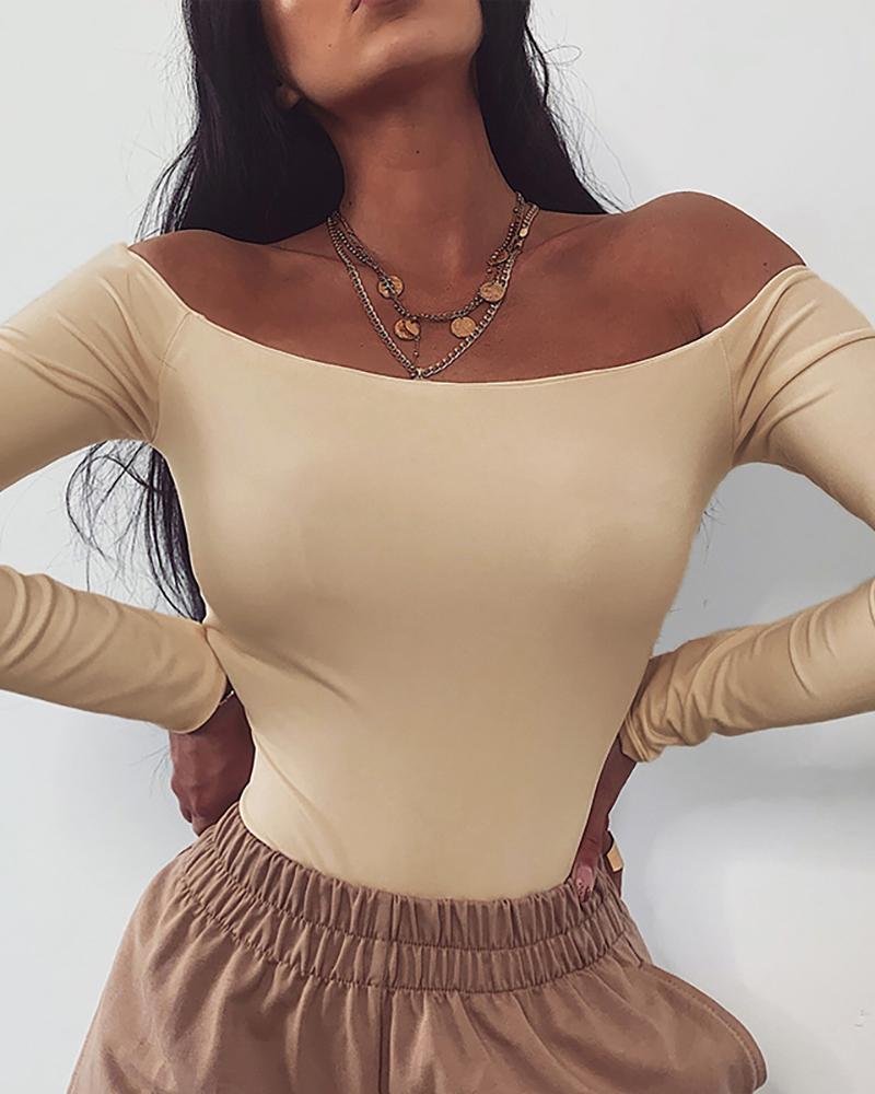 

Solid Off Shoulder Long Sleeve Bodysuit, Apricot