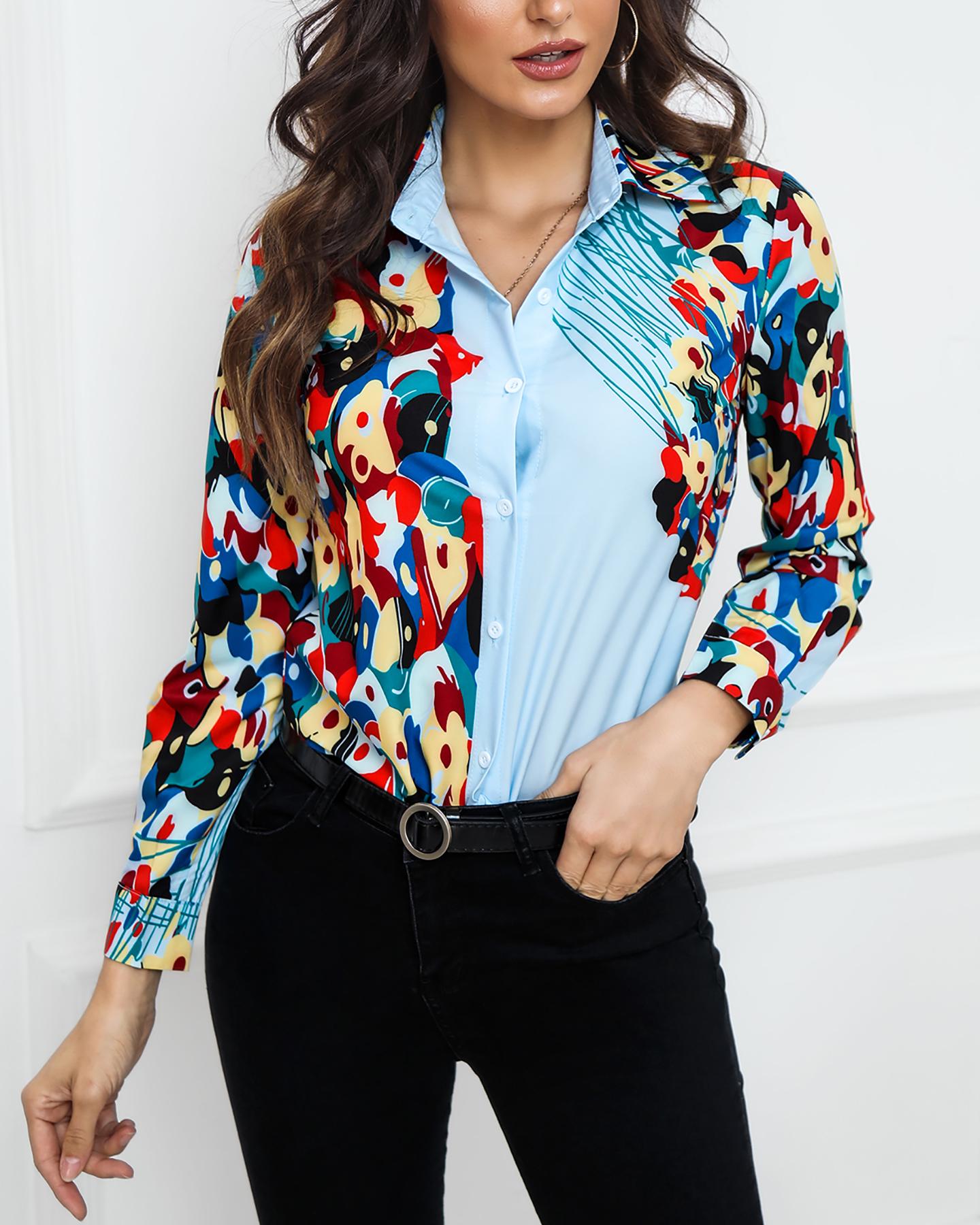 

Print Long Sleeve Casual Shirt, Light blue