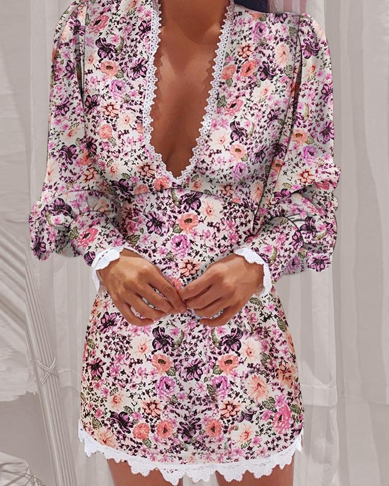 

Lace Trim Lantern Sleeve Floral Print Dress, Multicolor
