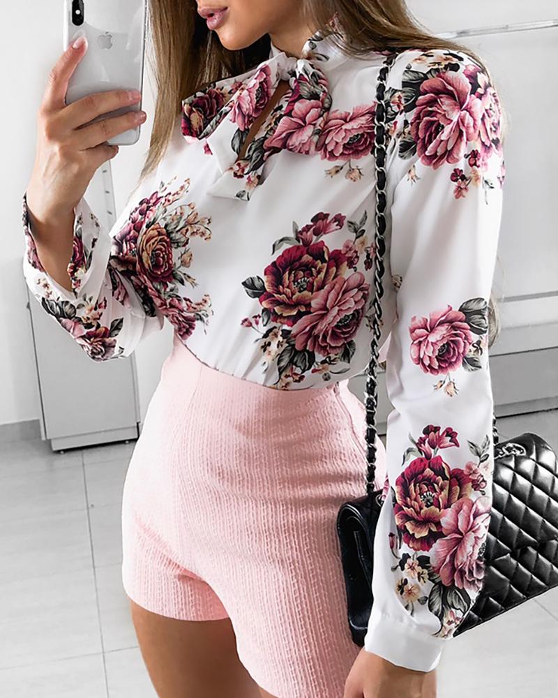 

Tied Neck Floral Print Long Sleeve Blouse, White