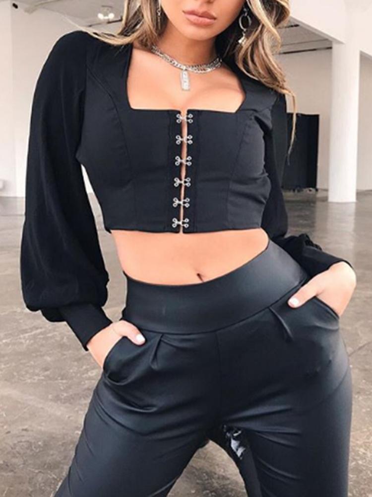 

Metallic Button Open Back Crop Blouse
