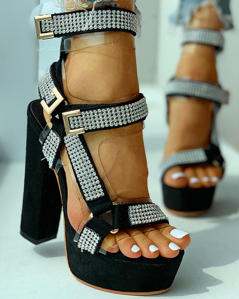 

Buckled Open Toe Studded Chunky Heeled Sandals, Black