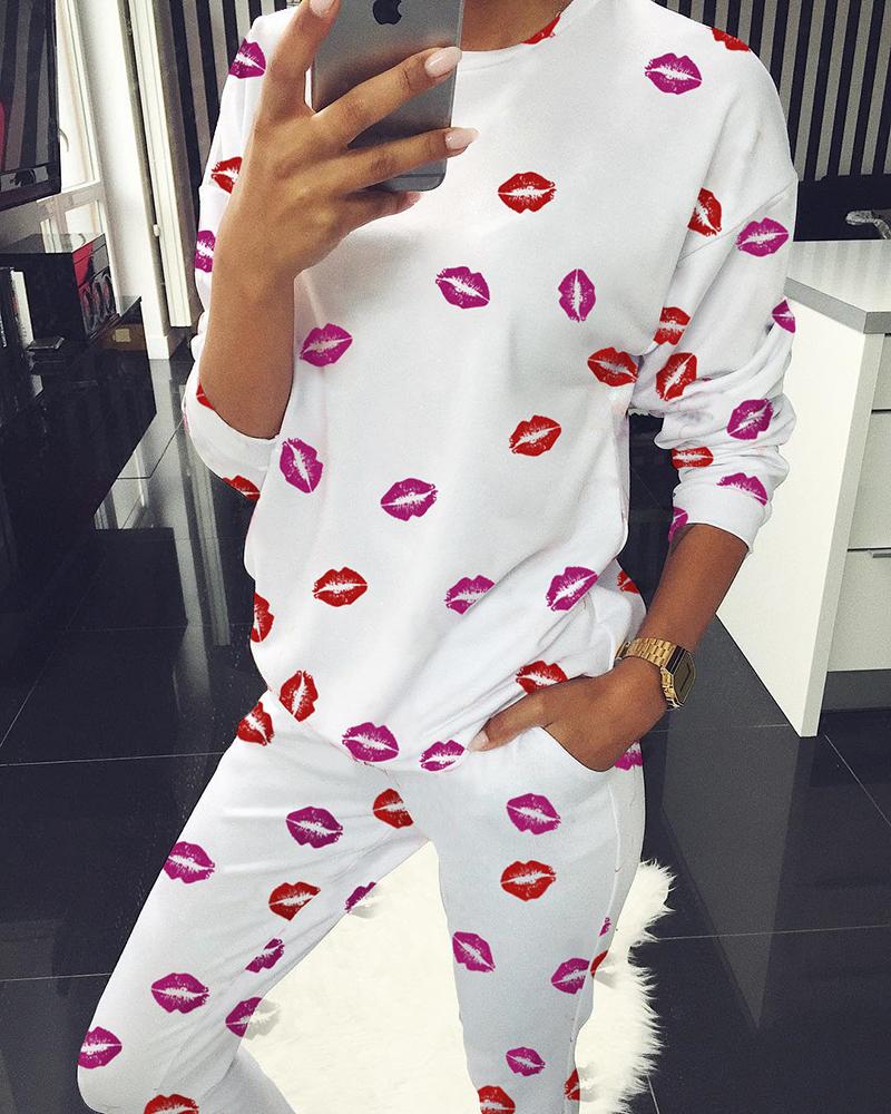 

Long Sleeve Lip Print Top & Pants Set, White