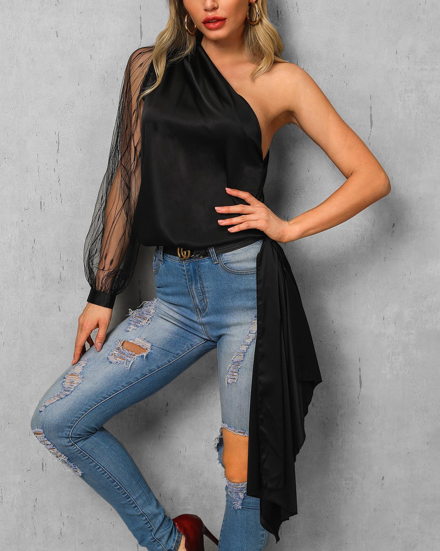 

One Shoulder Sheer Mesh Sleeve Blouse, Black