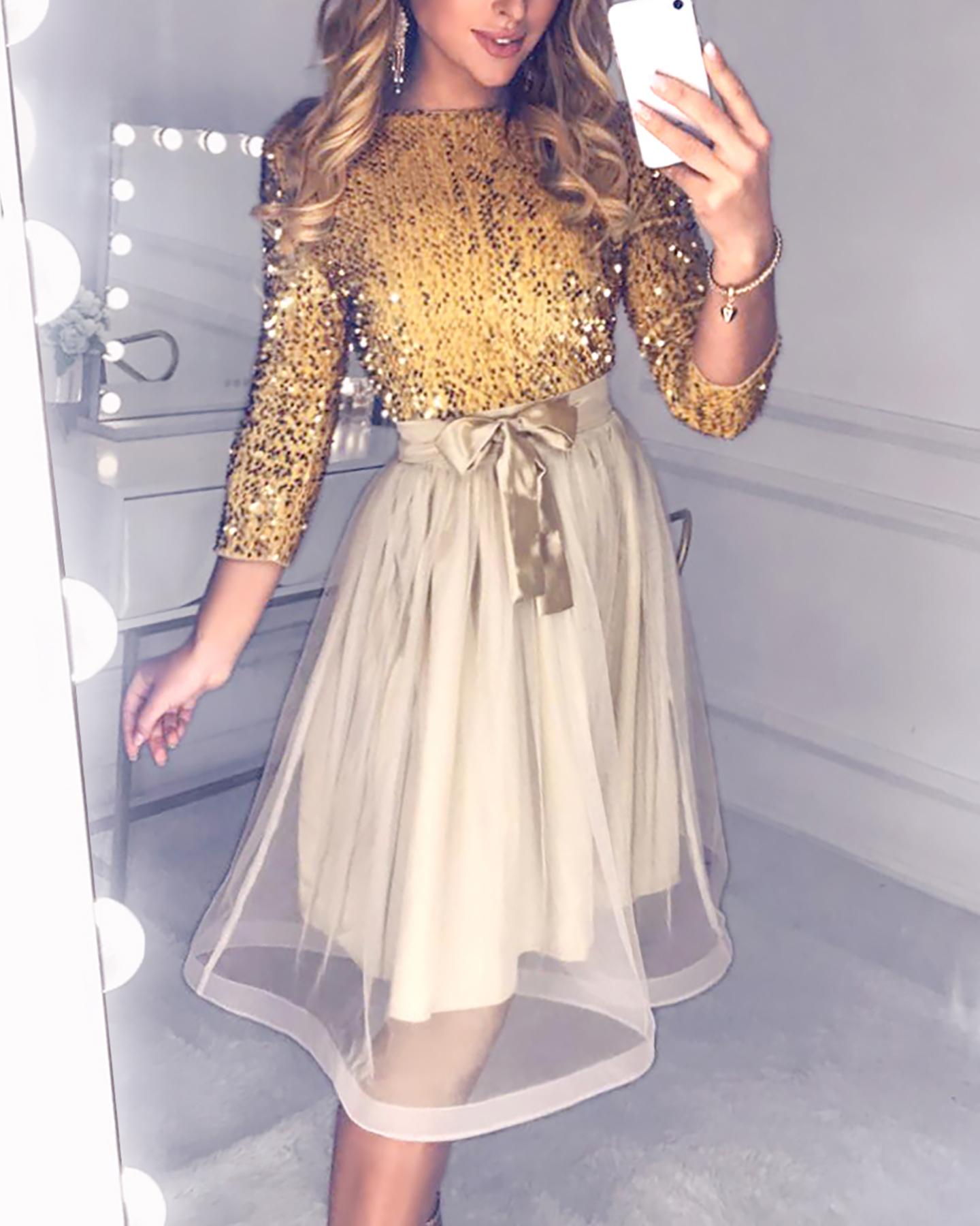

Sequins Tight Waist Layered Mesh Dress, Gold