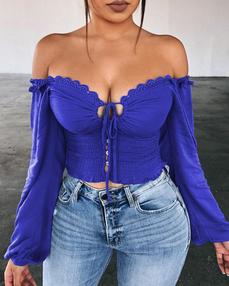 

Solid Lace-Up Buttoned Shirring Waist Blouse, Blue