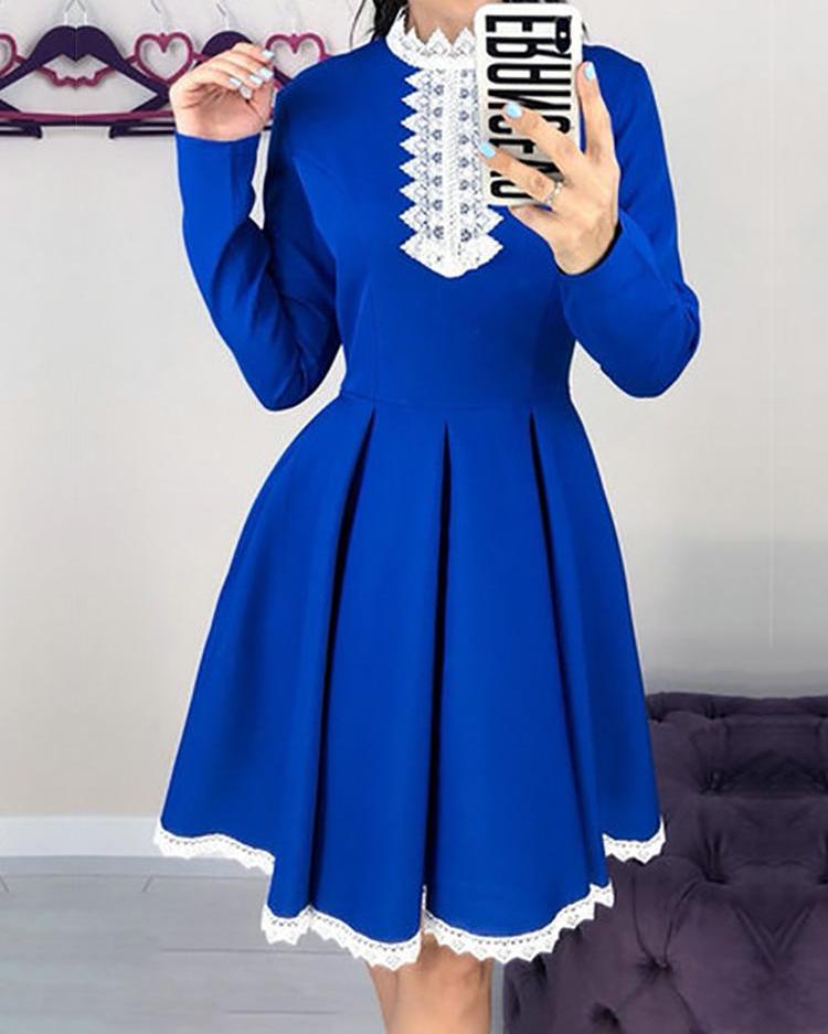 

Lace Trim Binding Tunic Pleated Dress, Blue