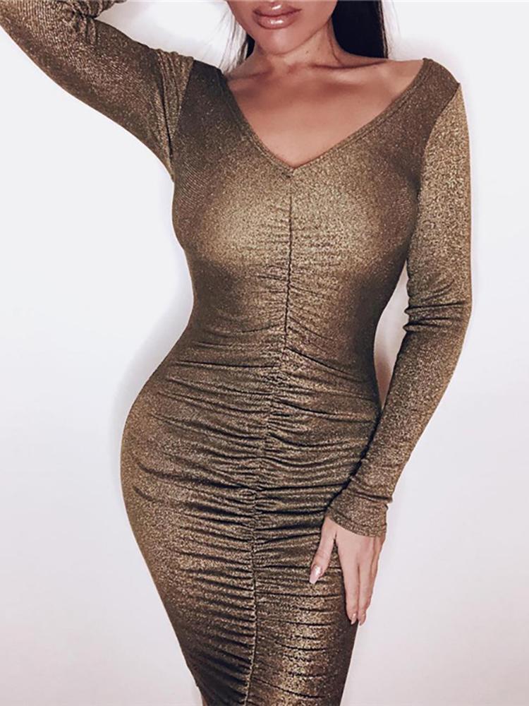 

Glitter Scrunched Long Sleeve Party Dress, Gold