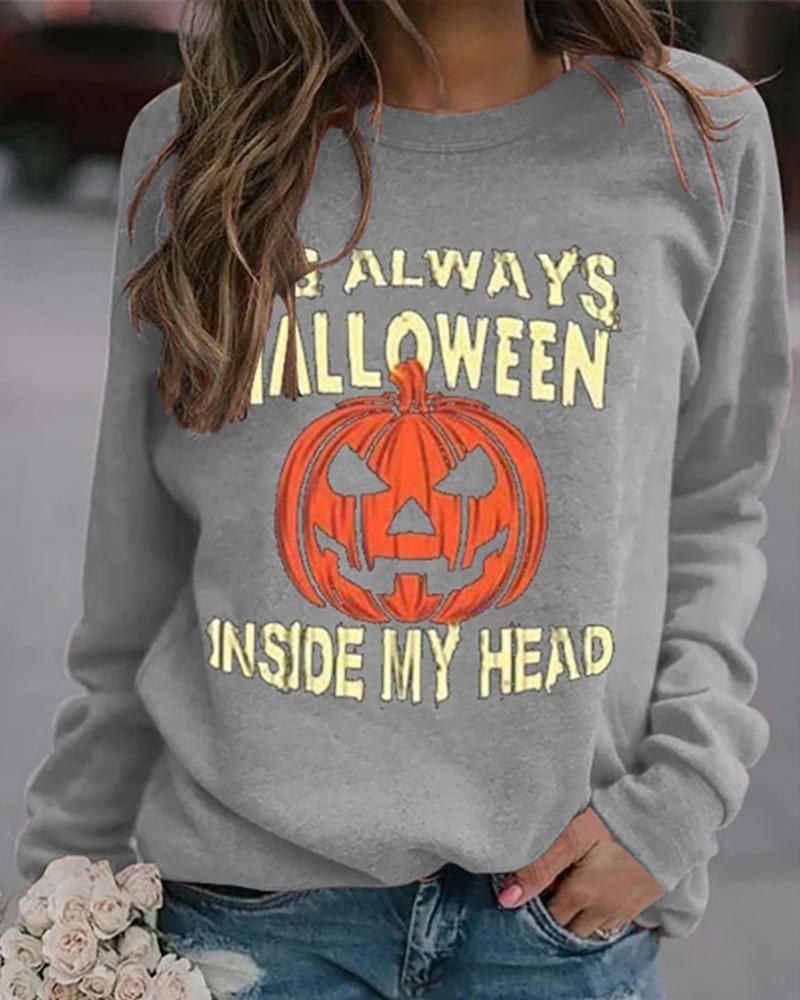 

Halloween Letter Pumpkin Print Casual Sweatshirt, Gray